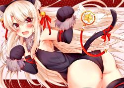 Rule 34 | 1girl, animal ears, animal hands, ass, bad id, bad twitter id, bell, black thighhighs, blonde hair, blush, bow, cat ears, cat tail, cowboy shot, cross, dangeroes beast (illya), eyebrows, eyes visible through hair, fake animal ears, fake tail, fang, fate/kaleid liner prisma illya, fate (series), from behind, fur trim, gloves, hair bell, hair ornament, hair ribbon, heart, highres, illyasviel von einzbern, jingle bell, leotard, long hair, looking at viewer, magical ruby, official alternate costume, open mouth, paw gloves, paw pose, prisma illya, red eyes, ribbon, rouka (akatyann), sleeveless, solo, star (symbol), tail, tail ornament, tail ribbon, tears, thighhighs, wand