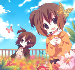 Rule 34 | 2girls, aged down, ana (rznuscrf), bad id, bad pixiv id, brown hair, bug, butterfly, child, cloud, day, flower, insect, multiple girls, open mouth, original, own hands clasped, own hands together, short hair, side ponytail, sky, smile