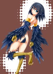 Rule 34 | 1girl, absurdres, armband, armlet, ass, back, black hair, blue eyes, blue hair, claws, feathers, harigane shinshi, harpy, highres, looking back, matching hair/eyes, monster girl, nude, original, short hair, solo, winged arms, wings