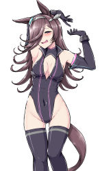 Rule 34 | 1girl, animal ears, arm behind head, armpits, arms up, black gloves, black hair, black sleeves, black thighhighs, blush, breasts, cleavage, commentary request, commission, cosplay, covered navel, deno (denomina0), detached sleeves, ear ornament, garter straps, gloves, gluteal fold, grey hairband, grey leotard, hair over one eye, hairband, half-closed eyes, head tilt, highleg, highleg leotard, highres, horse ears, horse girl, horse tail, horseshoe ornament, leotard, long bangs, looking at viewer, medium breasts, medium hair, mihono bourbon (umamusume), mihono bourbon (umamusume) (cosplay), necktie, open mouth, partial commentary, pink necktie, purple eyes, rice shower (umamusume), simple background, single horizontal stripe, skeb commission, skirt, sleeveless, smile, solo, standing, tail, tail ornament, thighhighs, umamusume, white background