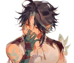 Rule 34 | 2boys, aqua hair, black hair, blush, chinese clothes, closed eyes, covering another&#039;s mouth, eyeliner, facial mark, forehead mark, genshin impact, gloves, green gloves, highres, kiss, kissing hand, male focus, multicolored hair, multiple boys, neck tattoo, nuiilar, pointy ears, red eyeliner, shirt, short hair, sketch, tattoo, venti (genshin impact), white shirt, xiao (genshin impact)