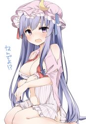 Rule 34 | 1girl, bare shoulders, barefoot, blue bow, blue ribbon, blush, bow, breasts, cleavage, commentary request, crescent, crescent hair ornament, dress, feet out of frame, hair bow, hair ornament, hat, hat ribbon, highres, karasusou nano, large breasts, long hair, looking at viewer, mob cap, neck ribbon, open mouth, patchouli knowledge, pink dress, pink hat, purple eyes, purple hair, red bow, red ribbon, ribbon, simple background, sitting, solo, striped clothes, striped dress, thighs, torn clothes, torn dress, touhou, translation request, vertical-striped clothes, vertical-striped dress, very long hair, wariza, white background