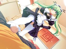 Rule 34 | 1girl, bdsm, blue eyes, blue panties, breasts, censored, cleavage, cleavage cutout, clothing cutout, dutch angle, elbow gloves, emupii maid promotion master, feet, femdom, footjob, game cg, gloves, green hair, grin, hair ribbon, hands on own hips, censored, hetero, homura yukine, indoors, maid, medium breasts, mosaic censoring, no shoes, panties, pantyshot, penis, ribbon, smile, solo focus, tamahiyo, thighhighs, tsuchimochi riku, twintails, underwear, white thighhighs, zettai ryouiki