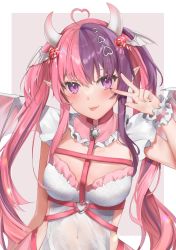 Rule 34 | 1girl, ahoge, bat wings, black nails, blush, breasts, chest belt, choker, cleavage, cleavage cutout, clothing cutout, commentary, covered navel, demon girl, demon horns, demon wings, dress, english commentary, fang, fingernails, frilled dress, frills, hair ornament, head wings, heart, heart ahoge, heart hair ornament, highres, horns, ironmouse, ironmouse (demon form), large breasts, long fingernails, long hair, looking at viewer, multicolored hair, nail polish, navel, paffupaff, pink choker, pink hair, pointy ears, purple eyes, purple hair, skin fang, streaked hair, tongue, tongue out, twintails, v, v over eye, virtual youtuber, vshojo, white dress, wings, wrist cuffs