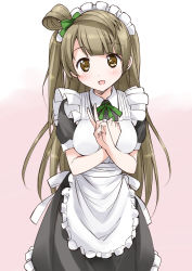 Rule 34 | 10s, 1girl, blush, bow, breasts, brown eyes, brown hair, gradient background, green ribbon, hair bow, highres, long hair, looking at viewer, love live!, love live! school idol festival, love live! school idol project, maid, maid headdress, medium breasts, minami kotori, mousou (mousou temporary), open mouth, pink background, ribbon, short sleeves, smile, solo, standing, v