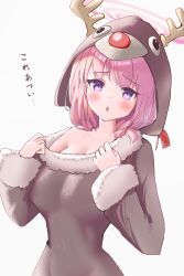 Rule 34 | 1girl, absurdres, animal costume, animal hood, antlers, blue archive, blush, breasts, cleavage, covered navel, eimi (blue archive), fur-trimmed sleeves, fur trim, gogogoiru, halo, highres, hood, hood up, horns, large breasts, long hair, long sleeves, looking at viewer, open mouth, pink eyes, pink hair, pink halo, reindeer antlers, reindeer costume, simple background, solo, translated, white background