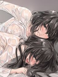 Rule 34 | 2girls, black eyes, black hair, blush, commentary request, grey background, highres, implied fingering, long hair, long sleeves, looking at another, medium hair, multiple girls, open mouth, original, shirt, simple background, smile, takekawa shin, tongue, tongue out, upper body, wet, wet clothes, wet hair, wet shirt, white shirt, yuri