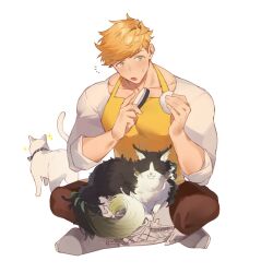 Rule 34 | 1boy, :o, animal, apron, blonde hair, blush, boots, brown pants, cat, comb, ewiyar (granblue fantasy), granblue fantasy, green eyes, higashigunkan, holding, holding comb, indian style, large pectorals, male focus, muscular, muscular male, open mouth, pants, pectorals, shirt, sitting, sleeves rolled up, solo, vane (granblue fantasy), white shirt, yellow apron