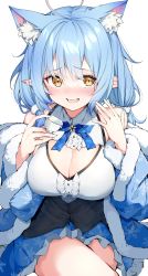 Rule 34 | 1girl, absurdres, ahoge, animal ear fluff, animal ears, blouse, blue bow, blue bowtie, blue coat, blue eyes, blue skirt, blush, bow, bowtie, breasts, cat ears, center frills, cleavage, cleavage cutout, clothing cutout, coat, corset, cup, darjeeling (reley), extra ears, frills, fur-trimmed coat, fur trim, heart, heart ahoge, highres, holding, holding cup, hololive, large breasts, long hair, long sleeves, looking at viewer, off shoulder, open mouth, pointy ears, print coat, print skirt, shirt, simple background, skirt, smile, snowflake print, solo, virtual youtuber, white background, white shirt, yellow eyes, yukihana lamy