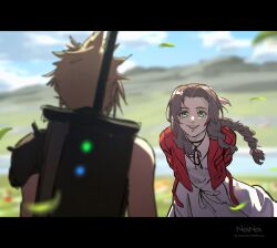 Rule 34 | 1boy, 1girl, aerith gainsborough, armor, arms behind back, artist name, black border, blonde hair, blurry, blurry foreground, border, braid, braided ponytail, breasts, brown hair, buster sword, choker, cloud strife, cropped jacket, dress, falling petals, final fantasy, final fantasy vii, final fantasy vii rebirth, final fantasy vii remake, flower choker, green eyes, hair ribbon, highres, jacket, leaning forward, letterboxed, looking at another, materia, medium breasts, nature, noinoichebura, outdoors, parted bangs, parted lips, petals, pink dress, pink ribbon, red jacket, ribbon, short hair, shoulder armor, sidelocks, single bare shoulder, single braid, single shoulder pad, smile, spiked hair, twitter username, upper body, wavy hair, weapon, weapon on back