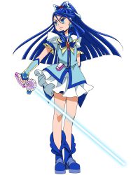 Rule 34 | 1girl, absurdres, bike shorts, blue eyes, blue footwear, blue hair, blue jacket, blue shorts, blue sleeves, closed mouth, colored eyelashes, cure aqua, detached sleeves, earrings, ebura din, frown, full body, high ponytail, highres, holding, holding sword, holding weapon, jacket, jewelry, long hair, miniskirt, pleated skirt, precure, short shorts, short sleeves, shorts, shorts under skirt, simple background, skirt, solo, standing, sword, v-shaped eyebrows, very long hair, weapon, white background, white skirt, white sleeves, yes! precure 5