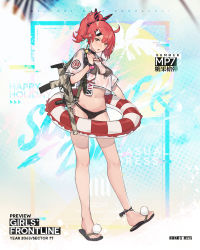 Rule 34 | 1girl, ankle strap, bikini, black bikini, blush, bracelet, camouflage, candy, character name, choker, copyright name, crop top, crop top overhang, dinergate (girls&#039; frontline), dog tags, earphones, food, full body, girls&#039; frontline, groin, gun, h&amp;k mp7, hair ornament, hair ribbon, head tilt, heckler &amp; koch, holding, holding food, holding swim ring, innertube, jewelry, logo, lollipop, looking at viewer, machine pistol, mp7 (girls&#039; frontline), mp7 (lollipop ammo) (girls&#039; frontline), navel, official alternate costume, official art, open mouth, personal defense weapon, ponytail, rainli, red hair, ribbon, sandals, see-through, sidelocks, solo, standing, stomach, strap, submachine gun, suppressor, swim ring, swimsuit, weapon, yellow eyes