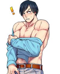 Rule 34 | !, 1boy, abs, belt, biceps, blue eyes, blue hair, boku no hero academia, chikiojisan, clenched teeth, collarbone, groin, iida tenya, long sleeves, male focus, muscular, navel, pectorals, pulling own clothes, simple background, solo, sweat, teeth, undressing, white background