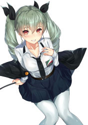 Rule 34 | 10s, 1girl, :d, anchovy (girls und panzer), belt, black necktie, black ribbon, blue skirt, blush, breasts, collared shirt, drill hair, from above, girls und panzer, hair between eyes, hair ribbon, highres, holding, holding riding crop, kagematsuri, knees together feet apart, long hair, long sleeves, looking at viewer, looking up, medium breasts, necktie, open mouth, pantyhose, parted lips, red eyes, ribbon, riding crop, shirt, simple background, sitting, skirt, smile, solo, teeth, twin drills, twintails, white background, white pantyhose, white shirt, wing collar