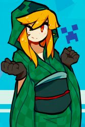 Rule 34 | 1girl, black gloves, blush, borrowed character, closed mouth, commission, creeper, d-floe, gloves, green kimono, highres, humanization, japanese clothes, kimono, long sleeves, looking at viewer, medium hair, minecraft, one eye closed, orange eyes, orange hair, smile, solo