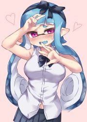 Rule 34 | 1girl, black bow, black bowtie, black ribbon, black skirt, blouse, blue hair, blue tongue, blush, bow, bowtie, collared shirt, colored tongue, commentary, covering privates, cowboy shot, fang, frown, hair ribbon, half-closed eyes, heart, highres, inkling, inkling girl, inkling player character, long hair, looking at viewer, midriff peek, miniskirt, navel, nintendo, open mouth, penguin maru (penginmaru), pink background, pleated skirt, pointy ears, purple eyes, ribbon, shirt, simple background, skin fang, skirt, sleeveless, sleeveless shirt, solo, splatoon (series), standing, tentacle hair, twintails, white shirt