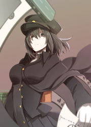 Rule 34 | 10s, 1girl, akitsu maru (kancolle), black eyes, black hair, blurry, breasts, cape, commentary request, depth of field, downscaled, gloves, hair between eyes, hat, highres, holding, holding paper, kantai collection, large breasts, looking at viewer, md5 mismatch, military, pale skin, paper, resized, scroll, short hair, simple background, skirt, solo, tsukamoto minori, upper body, white gloves, wind