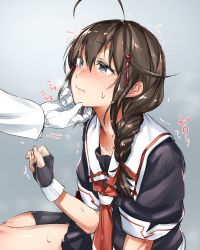 Rule 34 | 10s, 1girl, ahoge, black hair, black serafuku, blue eyes, blush, braid, closed mouth, fingerless gloves, gloves, gradient background, hair between eyes, hair flaps, hair ornament, hand on another&#039;s chin, kantai collection, long sleeves, nose blush, remodel (kantai collection), school uniform, serafuku, shigure (kancolle), short sleeves, single braid, solo focus, stroking another&#039;s chin, sweatdrop, trembling, yakitomato