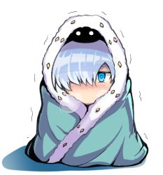Rule 34 | 1girl, anastasia (fate), blue eyes, blush, cape, chibi, cold, fate/grand order, fate (series), hair over one eye, lowres, on head, silver hair, solo, trembling, viy (fate), white background, wrapped up