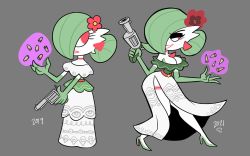 Rule 34 | 1girl, 2019, 2021, bare shoulders, before and after, breasts, bullet, cleavage, colored skin, creatures (company), dress, ear piercing, eyelashes, flower, flower on head, full body, game freak, gardevoir, gen 3 pokemon, green hair, gun, hair over one eye, high heels, highres, holding, holding gun, holding weapon, hot salsa, large breasts, long hair, nintendo, no humans, piercing, pokemon, pokemon (creature), psychic, red eyes, red lips, redrawn, standing, weapon, white dress, white skin