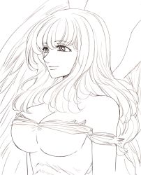 Rule 34 | 10s, 1girl, angel wings, bad id, bad pixiv id, bare shoulders, breasts, cleavage, closed mouth, elbow gloves, feathered wings, gloves, greyscale, harumiya, large breasts, long hair, looking to the side, monochrome, nanatsu no taizai, nerobasta, smile, wings