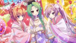 Rule 34 | 3girls, :t, akanbe, black hat, blue eyes, blurry, blurry foreground, blush, bonbori (lighting), braid, closed mouth, dot nose, dutch angle, eyelid pull, film grain, floral print, floral print kimono, game cg, green eyes, green hair, hairband, hat, hinamatsuri, hirabitai, izumi tsubasu, japanese clothes, kimono, lens flare, long braid, long hair, misaki sango, multiple girls, non-web source, official art, open mouth, orange hair, pink kimono, pout, print kimono, purple hair, purple kimono, re:stage!, shikimiya mana, shirokita kuroha, short hair, single braid, sparkle, tate eboshi, tongue, tongue out, twintails, white hairband, yellow eyes, yellow kimono