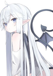 Rule 34 | 1girl, :/, absurdres, ahoge, bare shoulders, blue eyes, blush, clothing cutout, demon tail, demon wings, from behind, highres, jitome, light blush, long hair, long sleeves, looking at viewer, original, pointy ears, rotroto, shirt, shoulder cutout, simple background, solo, tail, tail raised, very long hair, white background, white hair, white shirt, wings