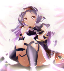 Rule 34 | 1girl, absurdres, ahoge, armor, breastplate, closed mouth, detached sleeves, fingerless gloves, gloves, hairband, highres, long hair, parted bangs, pointy ears, purple gloves, purple hair, purple sleeves, red eyes, red hairband, shiro (tgkuro), sitting, smile, solo, sword art online, yuuki (sao)