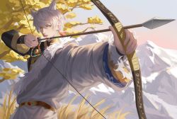 Rule 34 | 1boy, absurdres, ahuaigegetahenshuai, arrow (projectile), bow (weapon), chinese clothes, highres, holding, holding arrow, holding bow (weapon), holding weapon, light and night love, long sleeves, looking at viewer, male focus, miao clothes, qi sili, short hair, solo, tassel, weapon, white hair
