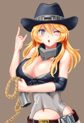 Rule 34 | 10s, 1girl, bare shoulders, bell, blonde hair, blue eyes, breasts, cleavage, cowbell, cowboy hat, cowboy western, hat, highres, index finger raised, iowa (kancolle), kantai collection, large breasts, long hair, looking at viewer, m/, midriff, mitarashi dingo, navel, no gloves, one eye closed, open mouth, rope, solo, star-shaped pupils, star (symbol), symbol-shaped pupils
