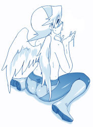 Rule 34 | 1girl, angel wings, ass, blue theme, blush, boots, breath of fire, breath of fire iv, capcom, crotch seam, cupping hands, dr.p, full body, hairband, monochrome, nina (breath of fire iv), own hands together, panties, panties under pantyhose, pantyhose, short hair, simple background, sitting, solo, sweat, tongue, topless, underwear, wariza, white background, wings