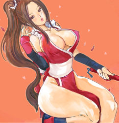Rule 34 | 1girl, bare shoulders, breasts, brown eyes, brown hair, cleavage, collarbone, covered erect nipples, elbow gloves, fatal fury, fingerless gloves, folded fan, folding fan, gloves, hand fan, hip focus, kazaana, large breasts, lips, long hair, pelvic curtain, ponytail, revealing clothes, shiranui mai, side slit, simple background, snk, solo, the king of fighters, thighs, very long hair, wide hips