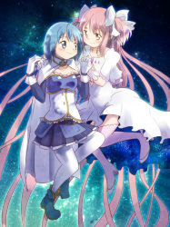 Rule 34 | 2girls, absurdly long hair, bad id, bad pixiv id, belt, blue eyes, blue footwear, blue hair, blue skirt, blush, boots, breasts, cape, collarbone, detached sleeves, dress, floating hair, full body, gloves, hair ribbon, hand on another&#039;s shoulder, holding hands, interlocked fingers, kaname madoka, kirikuchi riku, long dress, long hair, looking at another, mahou shoujo madoka magica, mahou shoujo madoka magica (anime), miki sayaka, multiple girls, nebula, night, night sky, pink hair, pink legwear, pleated skirt, ribbon, short hair, skirt, sky, small breasts, smile, space, star (sky), starry sky, strapless, thighhighs, two side up, ultimate madoka, very long hair, white cape, white dress, white legwear, white ribbon, wide sleeves, yellow eyes