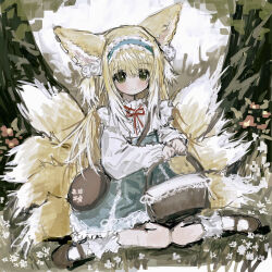 Rule 34 | 1girl, animal ear fluff, animal ears, aqua hairband, arknights, bag, basket, black footwear, blonde hair, blue hairband, blue skirt, blush, brown bag, buttons, closed mouth, collar, cross-laced clothes, cross-laced skirt, cross-laced slit, flower, fox ears, fox girl, fox tail, frilled collar, frilled hairband, frilled skirt, frills, full body, grass, green eyes, hair between eyes, hair ornament, hairband, hands up, high-waist skirt, highres, holding, holding basket, kitsune, knees together feet apart, kyuubi, long hair, long sleeves, mary janes, multicolored hair, multiple tails, neck ribbon, official alternate costume, on grass, outdoors, puffy long sleeves, puffy sleeves, red ribbon, ribbon, shoes, shoulder bag, sidelocks, sitting, skirt, sleeve cuffs, sleeves past wrists, smile, socks, solo, suzuran (arknights), suzuran (spring praise) (arknights), tail, tareme, torichikushou, two-tone hair, wariza, white hair, white socks