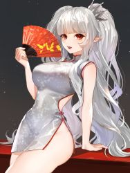 Rule 34 | 1girl, bad id, bad twitter id, breasts, china dress, chinese clothes, commentary, commission, crown, dress, english commentary, eyebrows hidden by hair, hand fan, highres, holding, holding fan, kireitsu, large breasts, leaning back, long hair, looking at viewer, mole, mole under eye, nima (niru54), open mouth, pointy ears, red eyes, second-party source, silver dress, silver hair, skeb commission, solo, sumiko himeko, twintails, very long hair, virtual youtuber