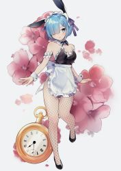 Rule 34 | 1girl, absurdres, animal ears, apron, armlet, black leotard, blue eyes, blue hair, blunt bangs, bow, bowtie, breasts, cherry blossoms, cleavage, commentary request, detached collar, fake animal ears, fishnet pantyhose, fishnets, floral background, flower, full body, hair ornament, highres, leotard, looking at viewer, maid, maid apron, maid headdress, pantyhose, playboy bunny, pocket watch, rabbit ears, re:zero kara hajimeru isekai seikatsu, rem (re:zero), short hair, sidelocks, simple background, smile, solo, standing, standing on one leg, strapless, strapless leotard, watch, wrist cuffs, x hair ornament, xoaiu