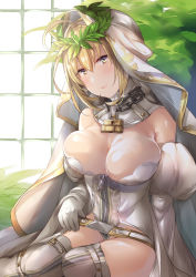 Rule 34 | 1girl, ahoge, alternate eye color, bad id, bad pixiv id, belt, blonde hair, bloom, blush, breasts, chain, cleavage, closed mouth, commentary request, day, detached sleeves, eyelashes, fate (series), full-length zipper, gloves, gold trim, hair intakes, head tilt, indoors, juurouta, large breasts, lips, lock, long sleeves, looking at viewer, loose belt, nero claudius (bride) (fate), nero claudius (fate), nero claudius (fate) (all), padlock, puffy long sleeves, puffy sleeves, sitting, solo, sunlight, veil, white belt, white gloves, window, yellow eyes, zipper, zipper pull tab