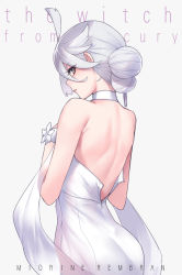 Rule 34 | 1girl, ahoge, alternate costume, armpit crease, ass, back, back focus, backless dress, backless outfit, ban! (bansankan), bare shoulders, character name, copyright name, double bun, dress, eyelashes, from behind, grey eyes, grey hair, gundam, gundam suisei no majo, hair between eyes, hair bun, halter dress, halterneck, highres, looking at viewer, looking back, miorine rembran, open mouth, partially unzipped, simple background, white background, white dress, wrist flower