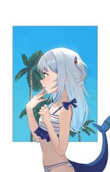 Rule 34 | 1girl, absurdres, alternate costume, bikini, blue eyes, blue hair, blue sky, blush, breasts, commentary, cowboy shot, fins, fish tail, frilled bikini, frills, from side, gawr gura, hair ornament, hand to own mouth, highres, hololive, hololive english, long hair, multicolored hair, palm tree, parted lips, profile, shark hair ornament, shark tail, silver hair, sky, small breasts, solo, standing, starshell, streaked hair, striped bikini, striped clothes, swimsuit, tail, tree, two-tone hair, two side up, virtual youtuber, white bikini