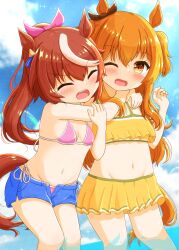 Rule 34 | 2girls, animal ears, arms around neck, azuma satsuki, bare arms, bare shoulders, bikini, bikini under clothes, blue shorts, blue sky, blush, bow, brown eyes, brown hair, brown ribbon, closed eyes, cloud, cloudy sky, commentary request, day, ear ribbon, feet out of frame, groin, hair between eyes, hair ribbon, hand around neck, hand on another&#039;s shoulder, highres, horse ears, horse girl, horse tail, mayano top gun (umamusume), multicolored hair, multiple girls, navel, one eye closed, open clothes, open fly, open mouth, open shorts, orange hair, outdoors, pink bikini, pink ribbon, ponytail, ribbon, short shorts, shorts, sky, standing, streaked hair, swimsuit, tail, teeth, tokai teio (umamusume), umamusume, upper teeth only, water, white hair, yellow bikini