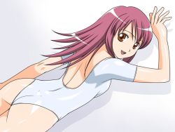 Rule 34 | 00s, 1girl, ass, back, breasts, brown eyes, kaleido star, leotard, little cheat-ya, long hair, looking at viewer, looking back, naegino sora, open mouth, pink hair, sideboob, simple background, smile, solo
