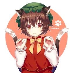 Rule 34 | 1girl, :3, animal ears, bow, brown eyes, brown hair, cat ears, cat tail, chen, closed mouth, dated, green hat, hat, long sleeves, looking at viewer, multiple tails, nail polish, red nails, short hair, skirt, skirt set, smile, solo, tail, touhou, two tails, vest, white background, yamayu, yellow bow