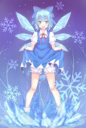 Rule 34 | 1girl, :d, bloomers, blue dress, blue eyes, blue hair, blush, bow, cirno, clothes lift, dress, dress lift, eclair (ekreatan), full body, hair bow, ice, ice wings, looking at viewer, open mouth, puffy short sleeves, puffy sleeves, red ribbon, ribbon, short hair, short sleeves, smile, snowflakes, socks, solo, teeth, touhou, underwear, wings