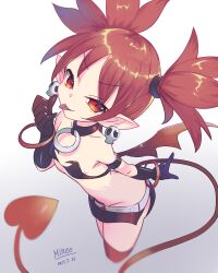 Rule 34 | 1girl, black gloves, breasts, cleavage, commentary request, damarinasai (mineo), dated, demon girl, demon tail, demon wings, disgaea, earrings, etna (disgaea), gloves, gradient background, grey background, groin, highres, jewelry, looking at viewer, makai senki disgaea, o-ring collar, pointy ears, red eyes, red hair, red wings, signature, skull, skull earrings, small breasts, solo, tail, tongue, tongue out, twintails, wings