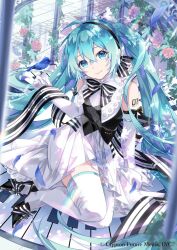 1girl aqua_eyes aqua_hair bird black_footwear black_hairband blue_bird bow bowtie closed_mouth dress elbow_gloves falling_feathers feathers flower footwear_bow gloves hair_between_eyes hairband hand_up hatsune_miku highres long_hair looking_at_viewer miku_symphony_(vocaloid) official_art pink_flower pink_rose rose smile solo striped_bow striped_bowtie striped_clothes thighhighs twintails tyouya very_long_hair vocaloid white_dress white_gloves white_thighhighs