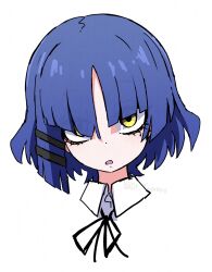 1girl blue_hair bocchi_the_rock! dr_yamero eyelashes hair_ornament hair_over_one_eye hairclip highres looking_at_viewer open_mouth short_hair simple_background solo straight-on white_background yamada_ryo yellow_eyes