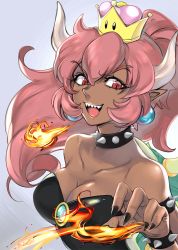 Rule 34 | 1girl, armlet, backlighting, belivinetsu, bowsette, bracelet, breasts, breath weapon, breathing fire, cleavage, collar, crown, dark-skinned female, dark skin, earrings, fingernails, fire, hair between eyes, highres, horns, jewelry, large breasts, lips, mario (series), md5 mismatch, new super mario bros. u deluxe, nintendo, personification, pointy ears, ponytail, red eyes, red hair, resolution mismatch, sharp fingernails, sharp teeth, shell, signature, solo, source larger, spiked armlet, spiked bracelet, spiked collar, spiked shell, spikes, super crown, teeth