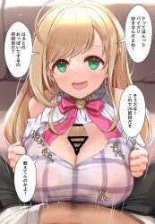 Rule 34 | 1boy, 1girl, bar censor, blonde hair, blush, breasts, censored, checkered clothes, cleavage, clothed sex, covered erect nipples, green eyes, hetero, highres, idolmaster, idolmaster cinderella girls, large breasts, long hair, mk (mod0), neck ribbon, nipples, open mouth, paizuri, paizuri under clothes, pink ribbon, pov, ribbon, sato shin, speech bubble, translation request