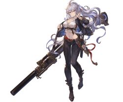 Rule 34 | 1girl, arm up, belt, boots, breasts, brown eyes, cleavage, closed mouth, collarbone, full body, granblue fantasy, gun, huge weapon, jacket, long hair, looking at viewer, medium breasts, midriff, minaba hideo, navel, official art, open clothes, pants, ponytail, rifle, scope, serious, silva (granblue fantasy), silver hair, sniper rifle, solo, transparent background, weapon
