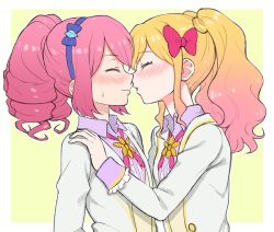 Rule 34 | 2girls, aikatsu! (series), aikatsu stars!, blazer, blonde hair, blush, border, bow, collared shirt, drill hair, closed eyes, face-to-face, gradient hair, hair bow, hairband, hand on another&#039;s shoulder, imminent kiss, jacket, long hair, multicolored hair, multiple girls, nijino yume, nose blush, outline, outside border, parted lips, pink bow, pink hair, purple bow, purple shirt, sakuraba rola, school uniform, scrunchie, shirt, sidelocks, simple background, sweatdrop, sweater vest, twintails, upper body, venus ark uniform, wavy mouth, white border, white jacket, white outline, yellow background, yoban, yuri